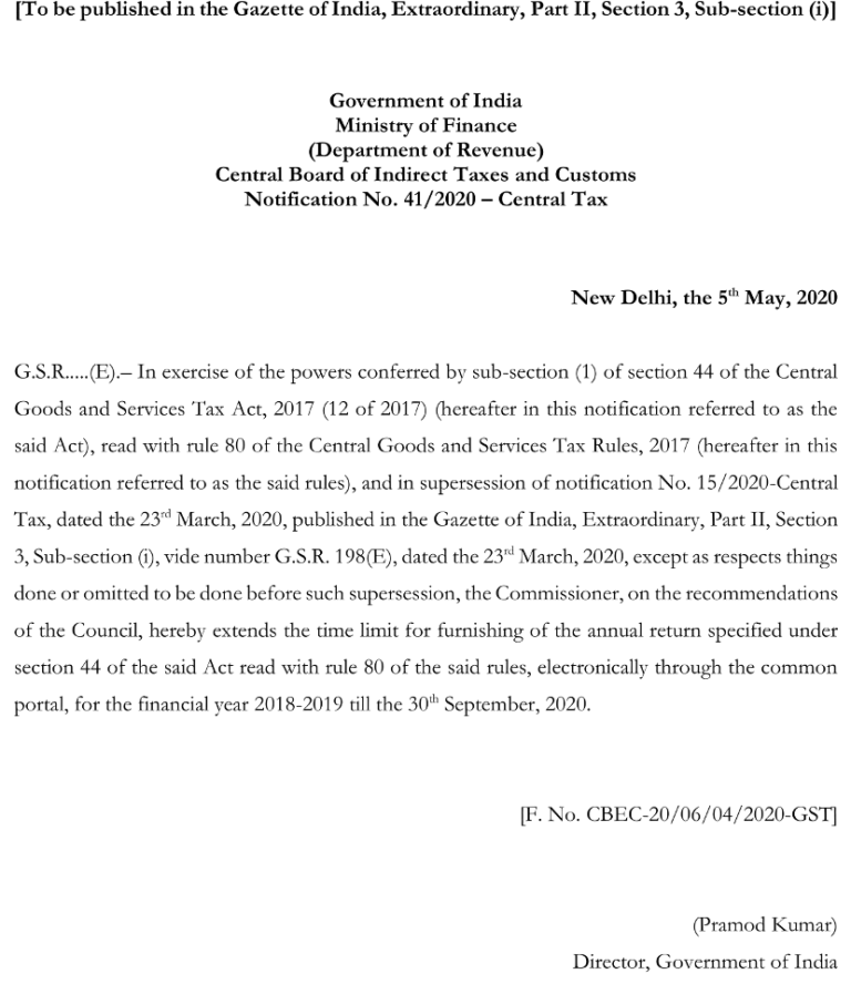 gstr 9 due date extension notification for fy 2018 19