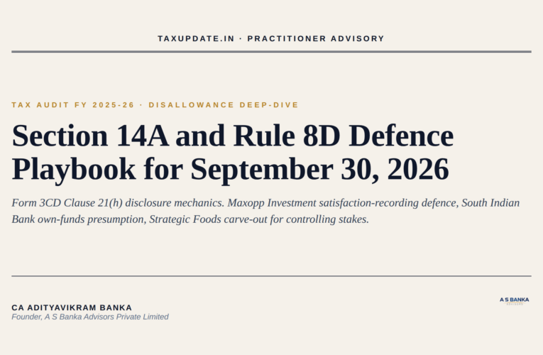 Section 14A and Rule 8D Disallowance Deep-Dive for FY 2025-26 Tax Audits Under Section 44AB and Section 536 Sub-Clause 4 of the Income-tax Act 2025: Exempt-Income Expense Allocation, Three-Limb Rule 8D(2) Computation, Form 3CD Clause 21(h), Maxopp Investment Satisfaction Doctrine, South Indian Bank Own-Funds Presumption, Strategic Foods Carve-Out, and the September 30, 2026 Practitioner Defence Playbook