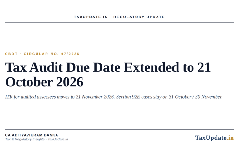 Tax Audit Due Date Extended to 21 October 2026: CBDT Circular 07/2026 Moves the ITR Date to 21 November for Audited Assessees