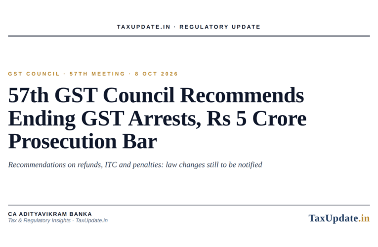 57th GST Council Recommendations (8 October 2026): Withdrawal of Arrest Powers, Rs 5 Crore Prosecution Threshold, Faster Refunds and Wider ITC