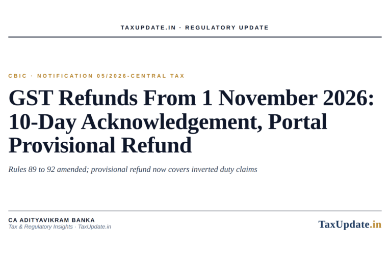 GST Refund Rules From 1 November 2026: 10-Day Acknowledgement, Portal Provisional Refund and New Inverted Duty Formula (Notification 05/2026-Central Tax)